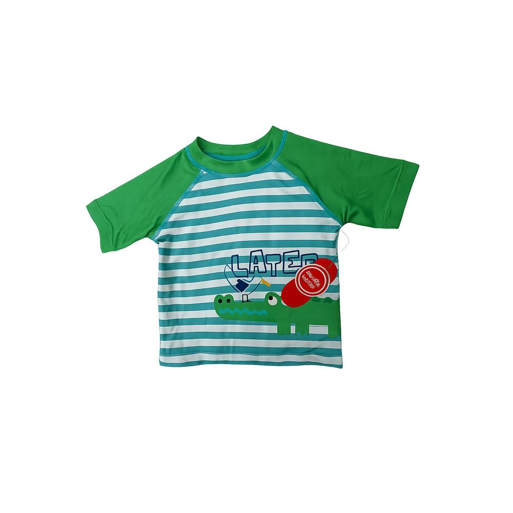 Toddler Boys Rash Guard Swim Shirt – Green & Blue Striped Alligator